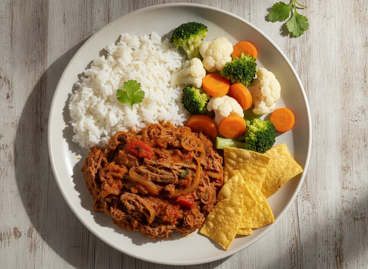 Carne mechada con arroz, vegetales y chips de maíz photo