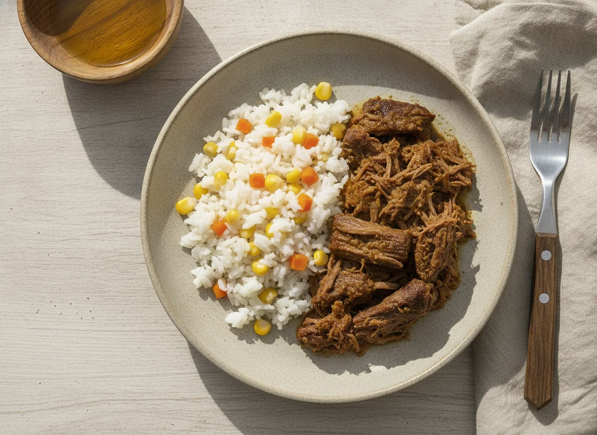 Carne mechada con arroz y choclo photo