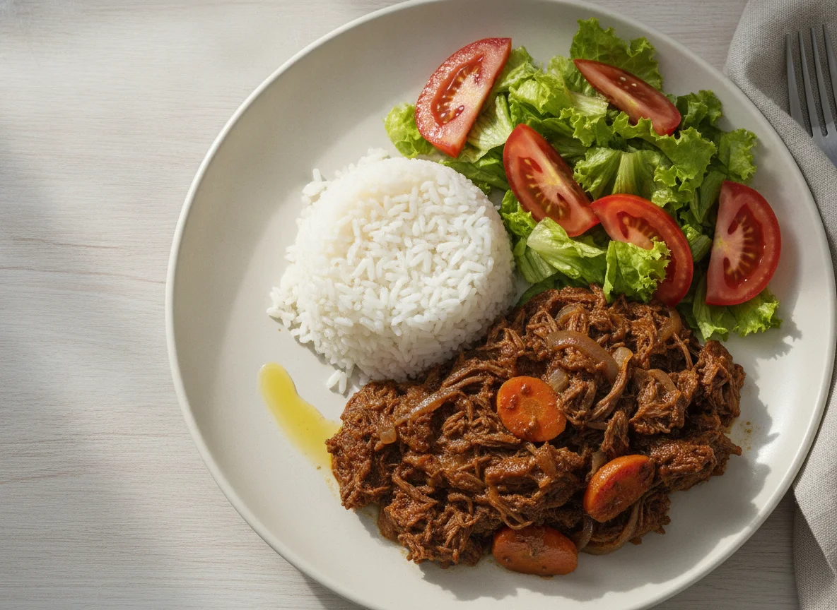 Carne mechada con arroz y ensalada mixta photo