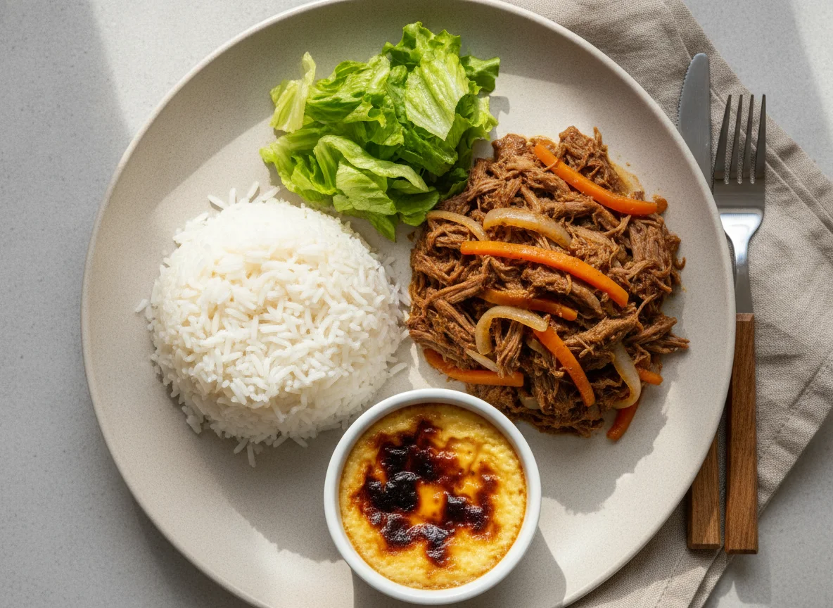 Carne mechada con arroz y postre de leche asada photo
