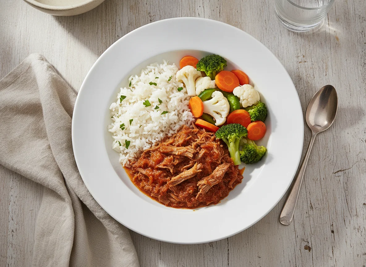 Carne mechada con arroz y vegetales al vapor photo