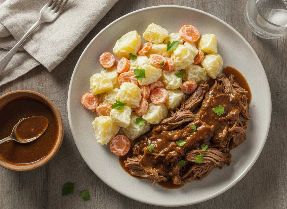 Carne mechada con ensalada de papas y zanahoria photo