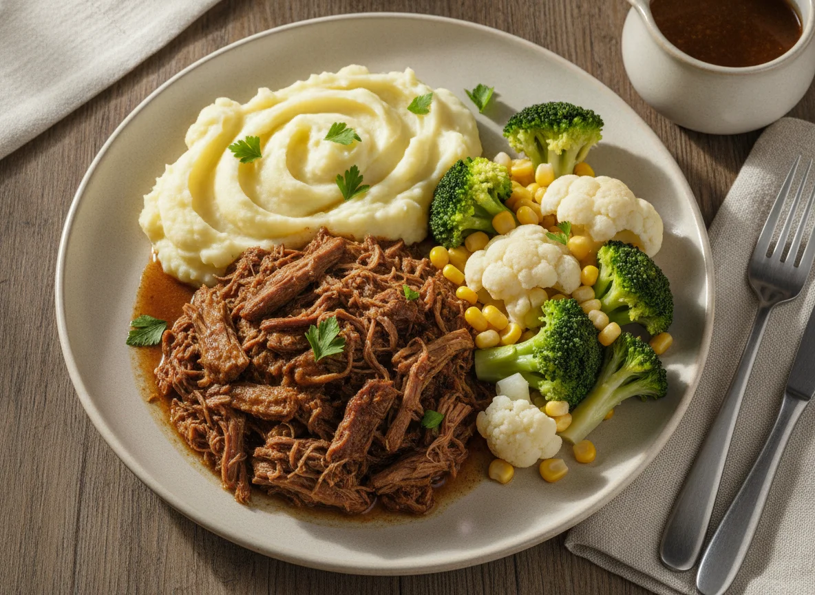 Carne mechada con puré de papa, brócoli y coliflor photo