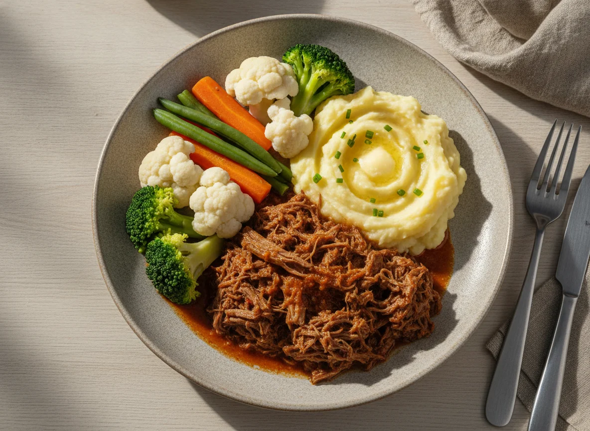 Carne mechada con puré de papa y vegetales photo
