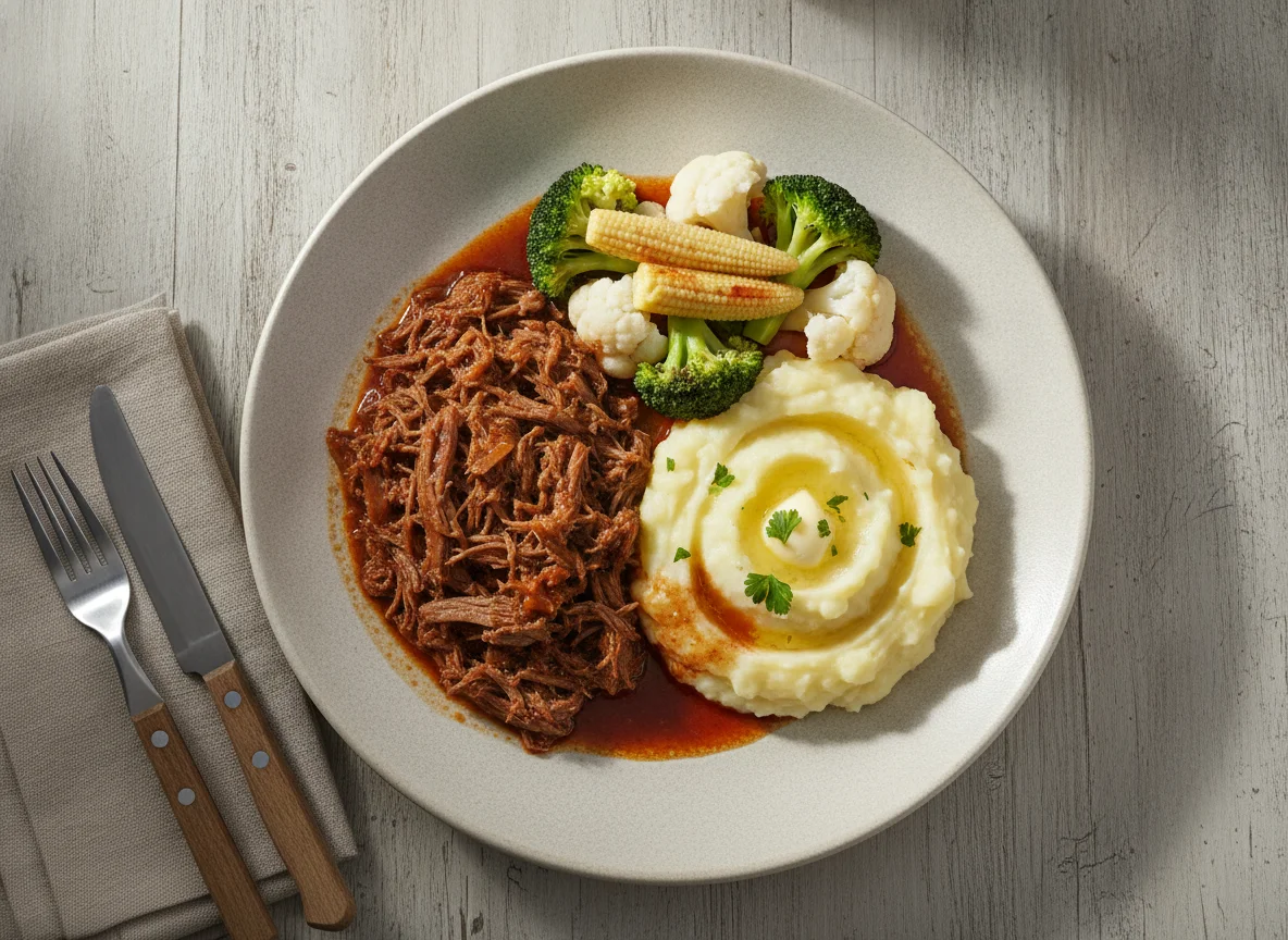 Carne mechada con puré de papa y vegetales al vapor photo