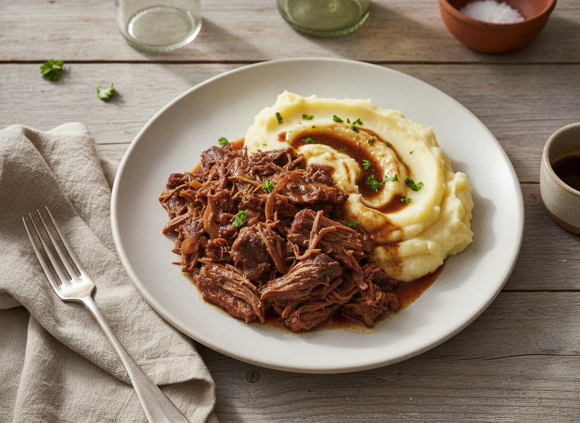 Carne mechada con puré de papas photo