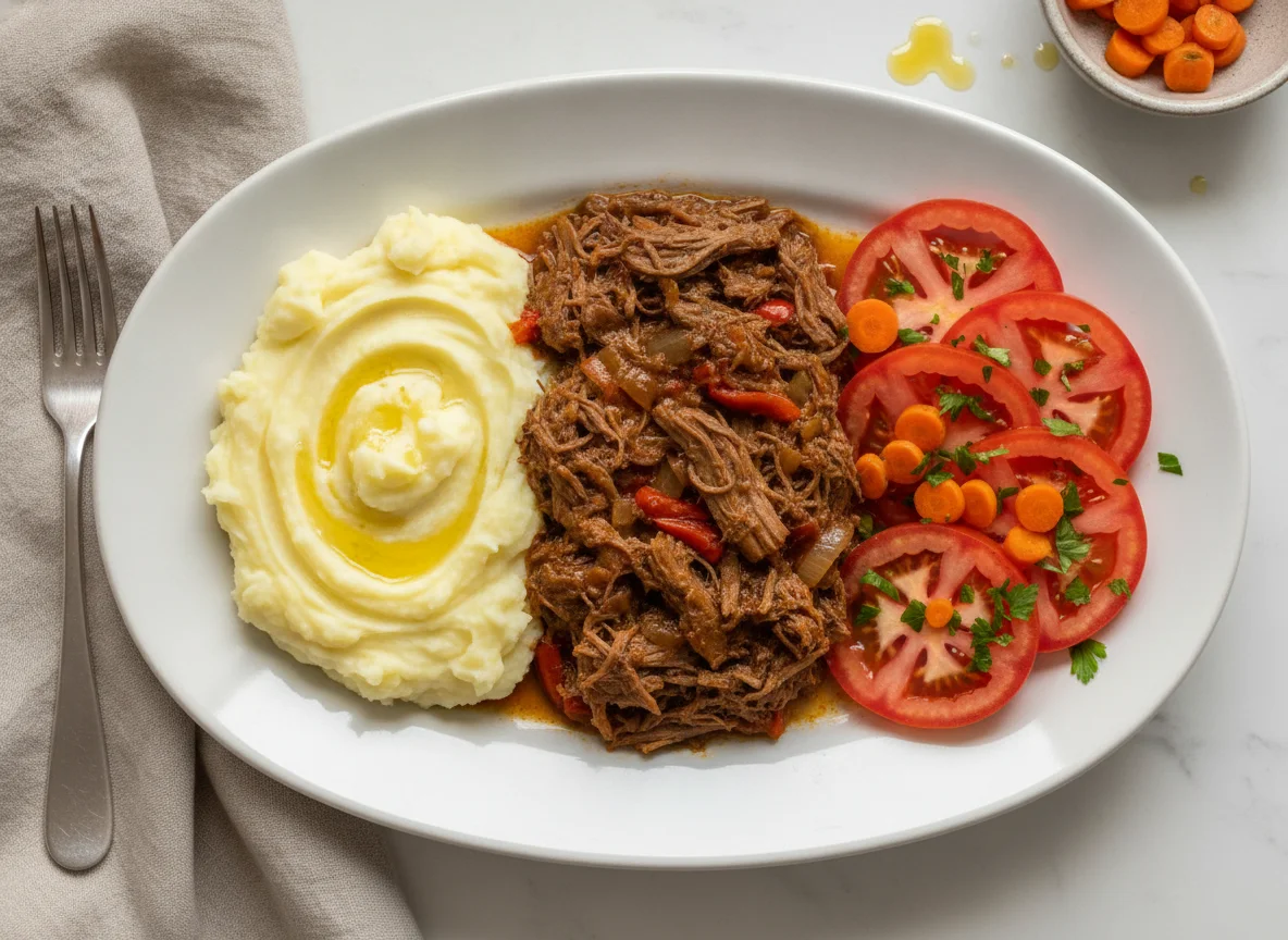Carne mechada con puré de papas y ensalada de tomate photo