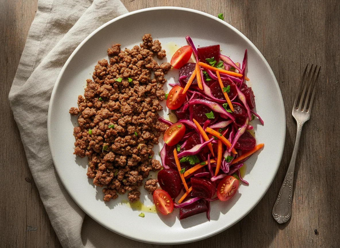 Carne molida asada con ensalada de remolacha y repollo photo