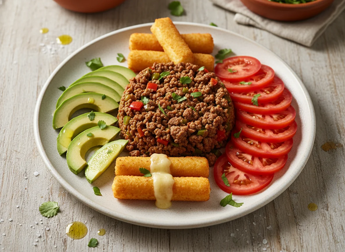 Carne molida con aguacate, tomate y palitos de queso photo