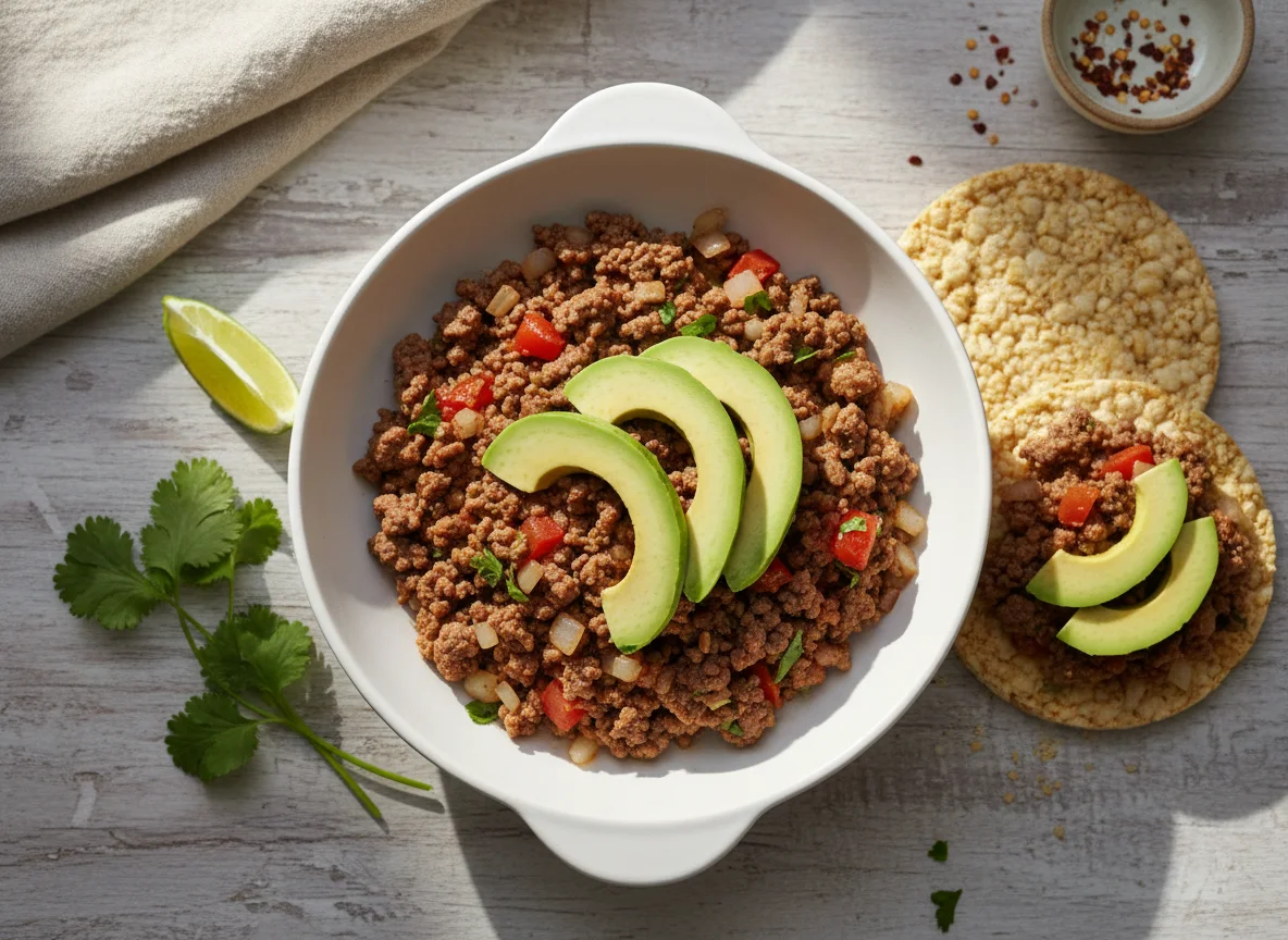 Carne molida con aguacate y tostada de arroz photo