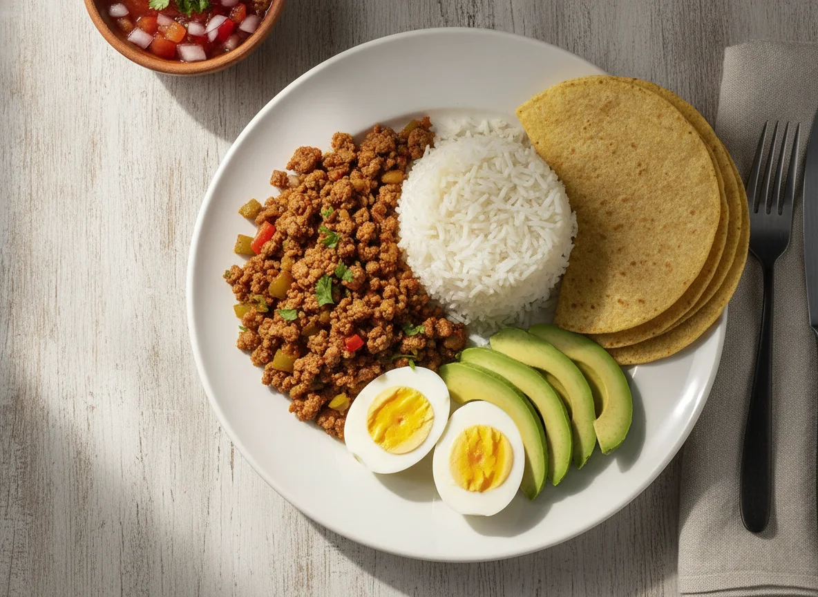 Carne molida con arroz, huevos y aguacate photo
