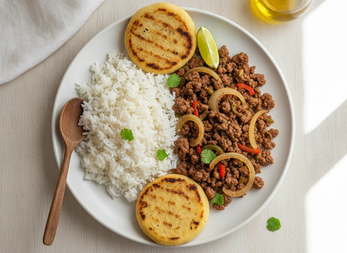 Carne molida con arroz y arepa photo