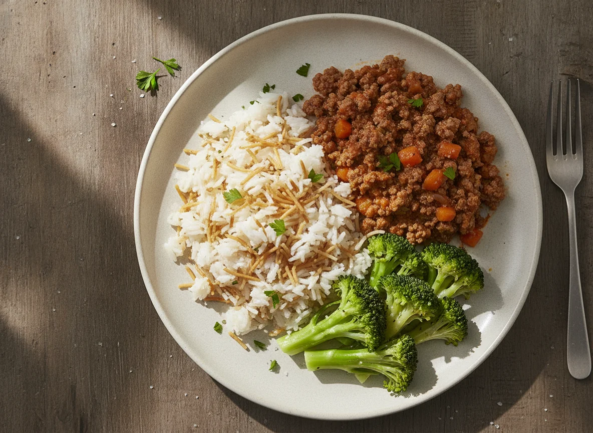 Carne molida con arroz y brócoli photo