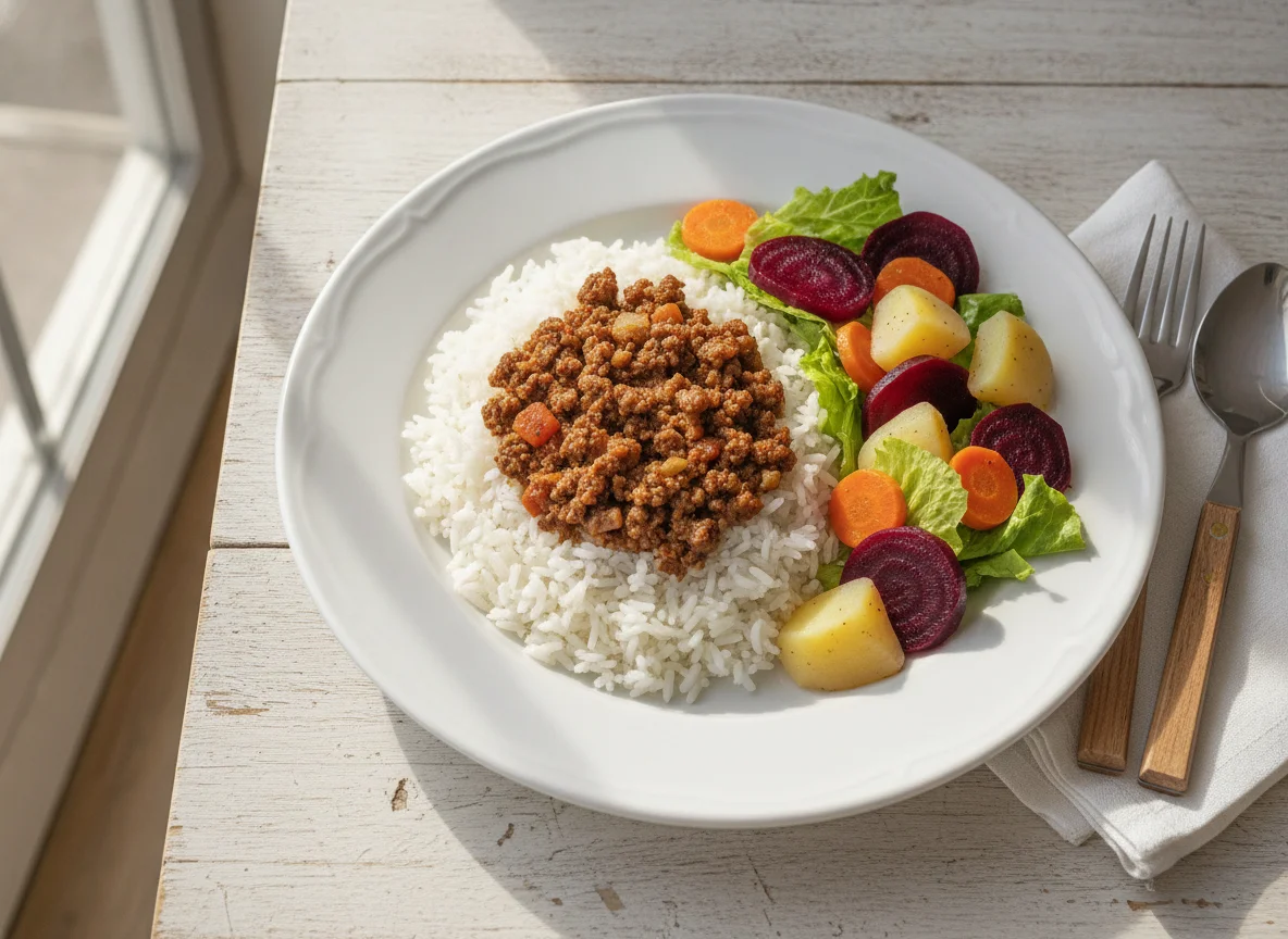 Carne molida con arroz y ensalada cocida photo