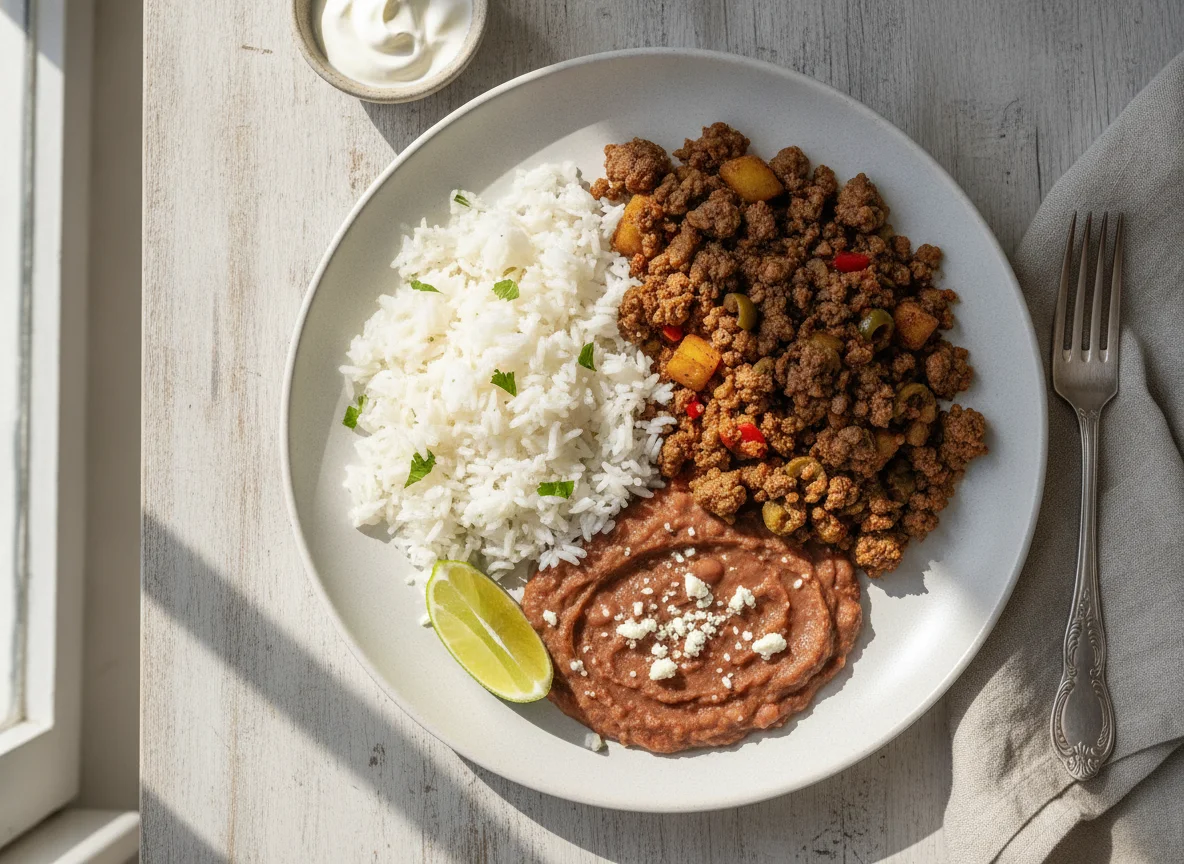Carne molida con arroz y frijoles photo