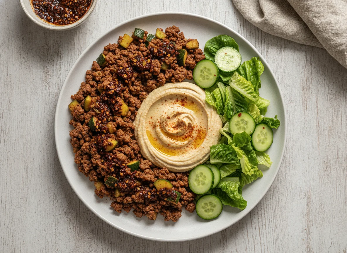 Carne molida con calabacitas, hummus y ensalada photo