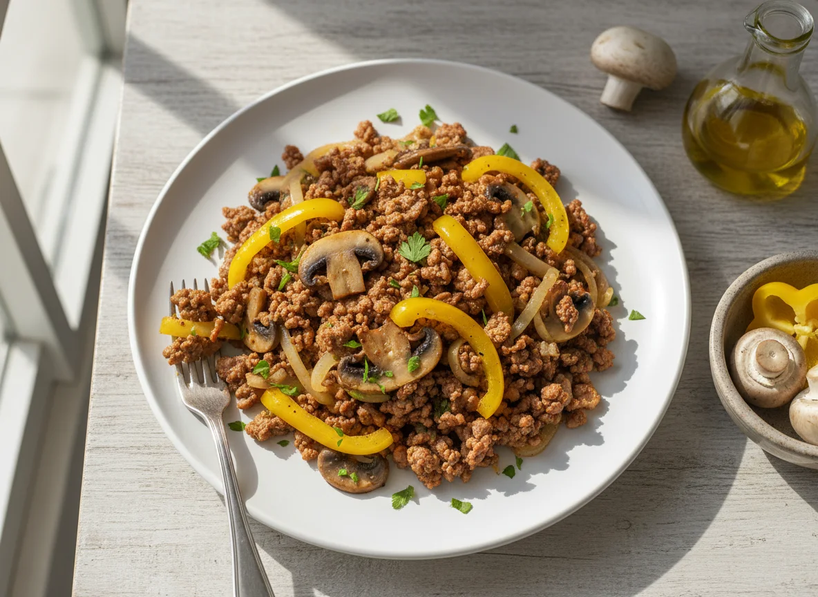 Carne molida con champiñones y pimientos photo