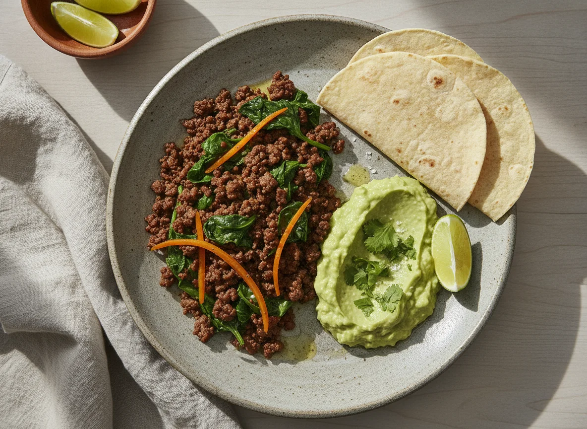 Carne molida con espinacas y puré de palta photo