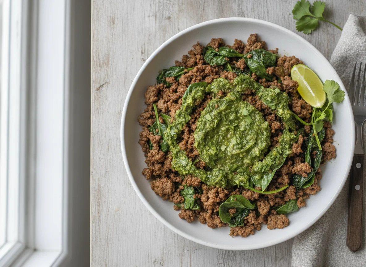 Carne molida con espinacas y salsa verde photo