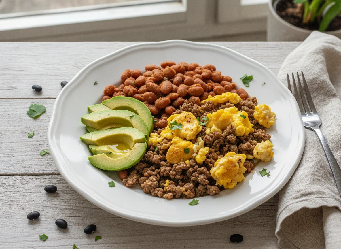 Carne molida con huevos revueltos, habichuelas y aguacate photo