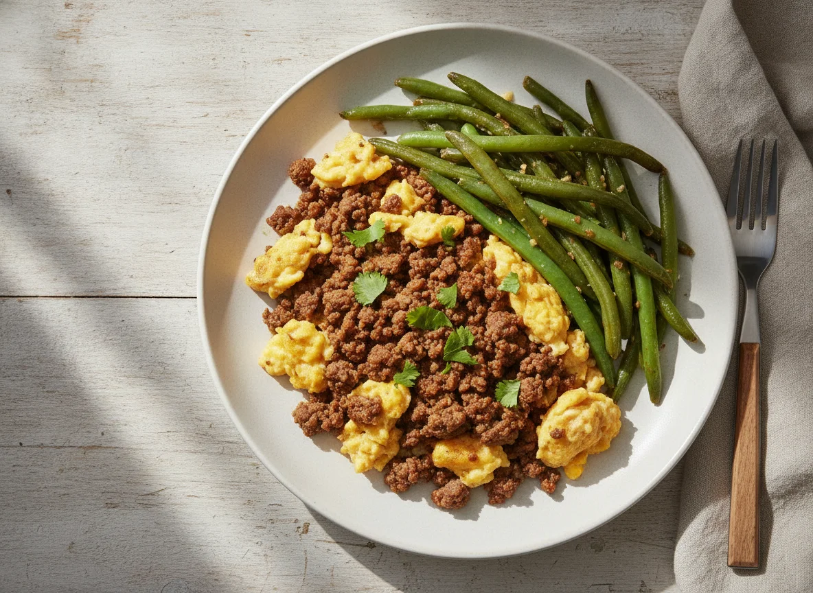 Carne molida con huevos revueltos y judías verdes photo