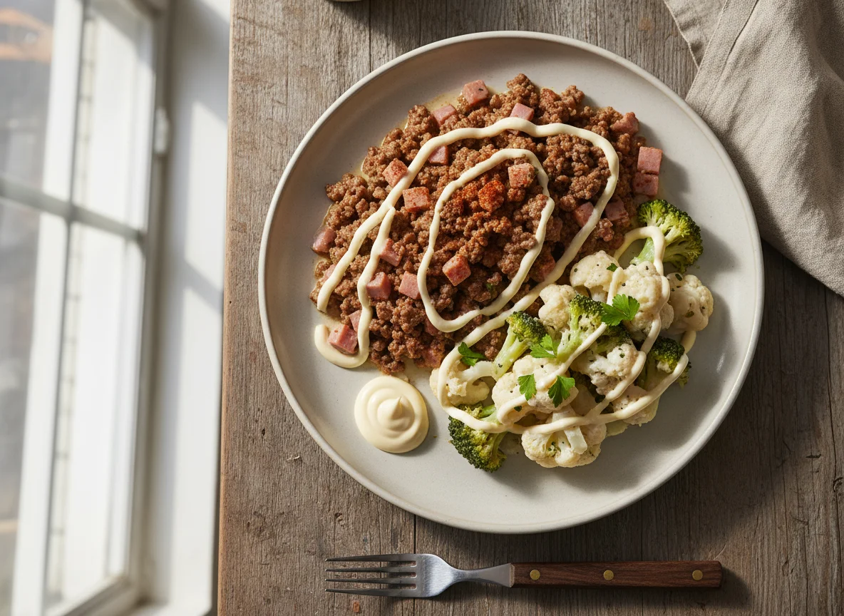 Carne molida con mayonesa y vegetales cremosos photo