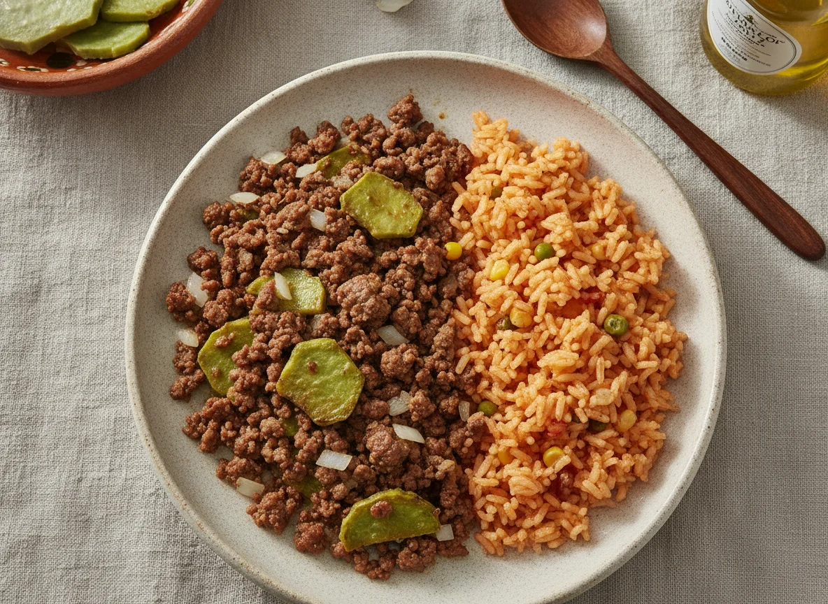 Carne molida con nopales y arroz rojo photo