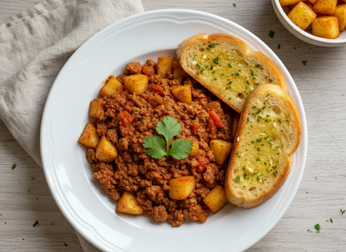 Carne molida con papas y pan de ajo photo