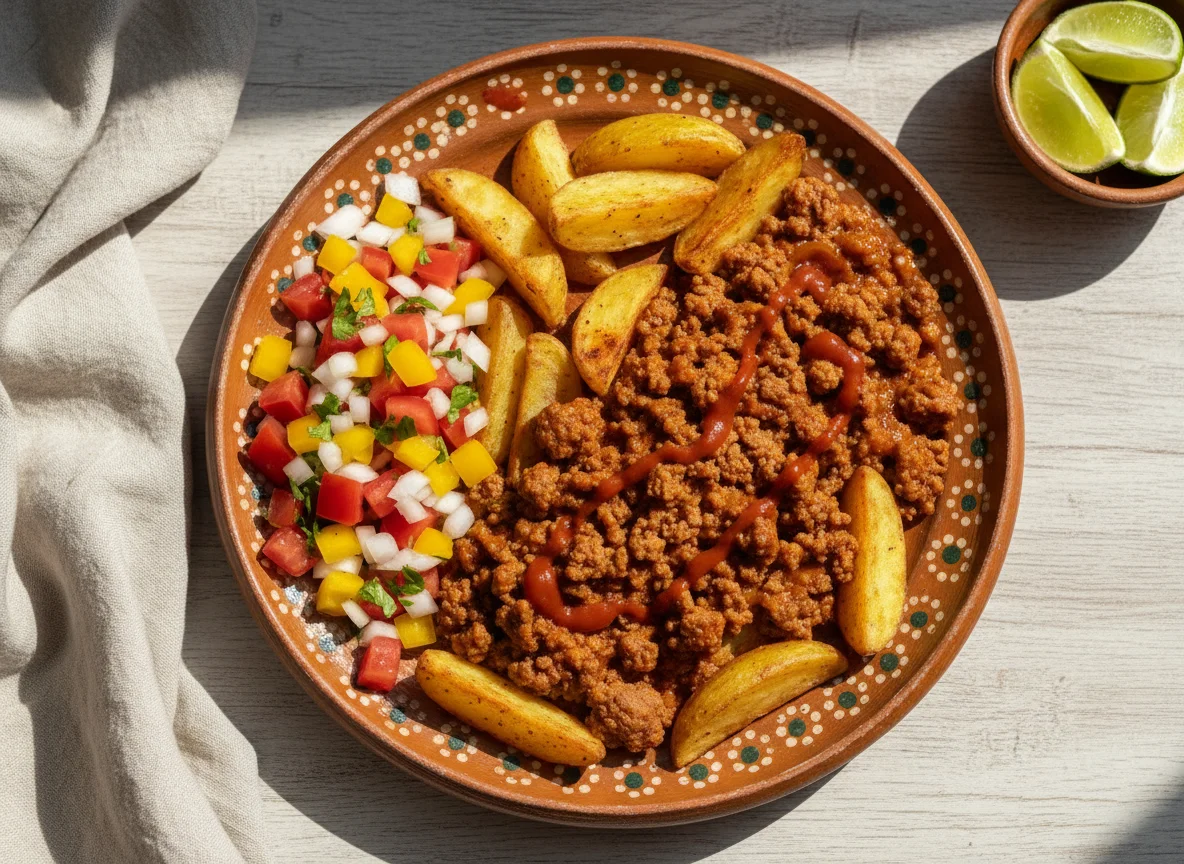 Carne molida con papas y pico de gallo photo