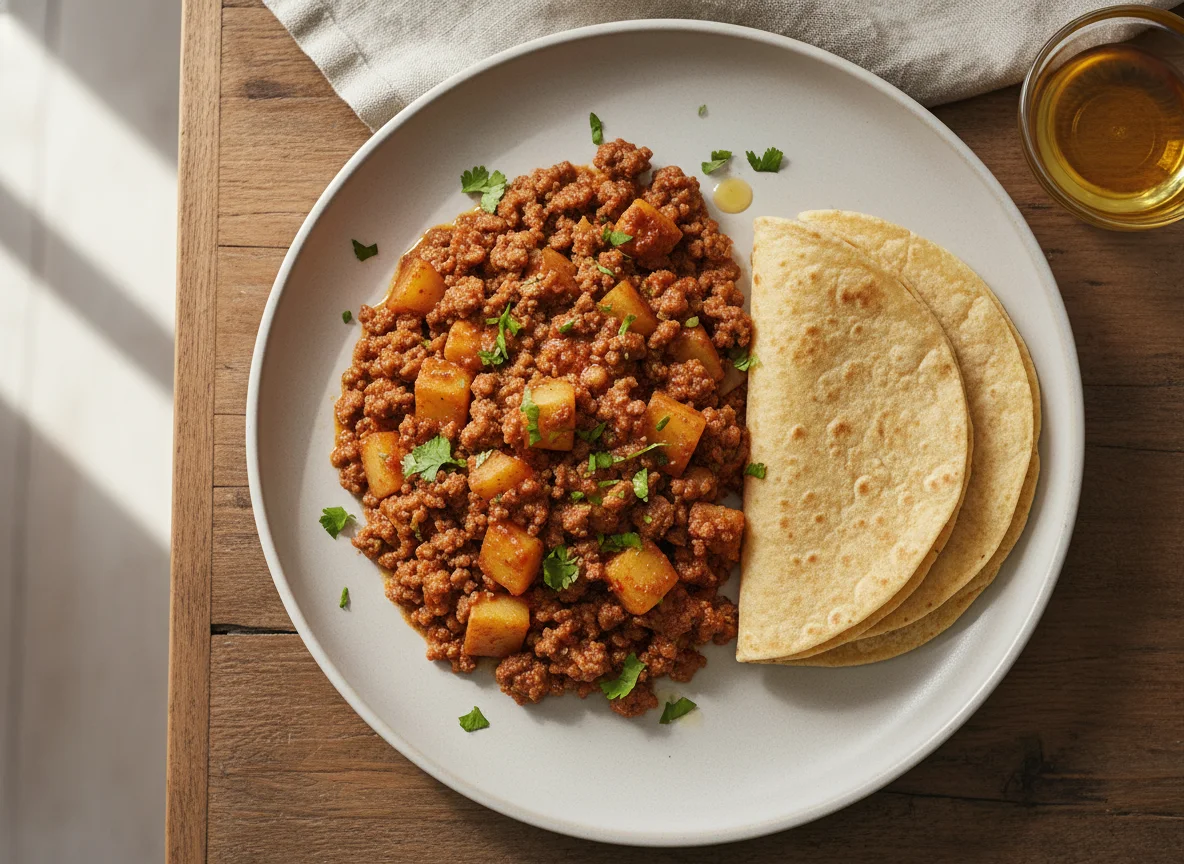 Carne molida con papas y tortilla photo