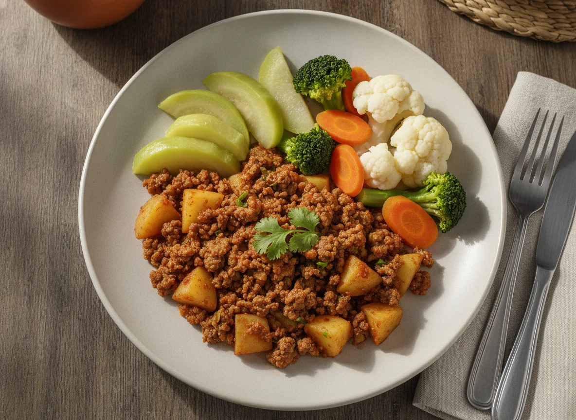 Carne molida con papas y vegetales al vapor photo