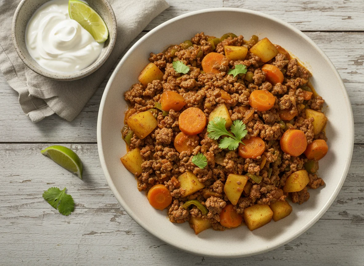 Carne molida con papas y vegetales photo