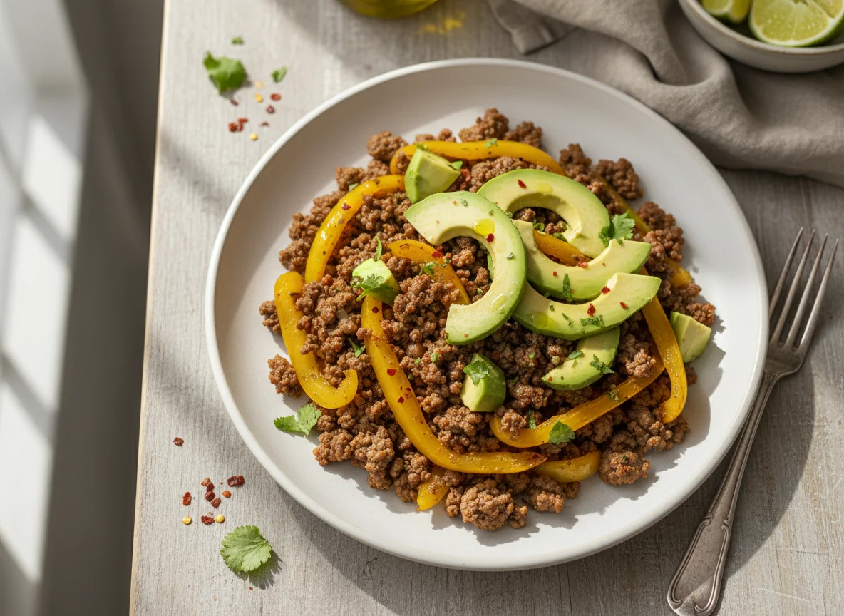 Carne molida con pimientos y aguacate photo