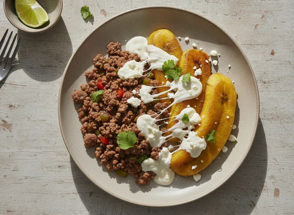 Carne molida con plátano cocido y queso photo