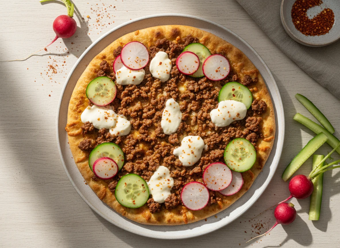 Carne molida con queso en pan plano y guarniciones photo