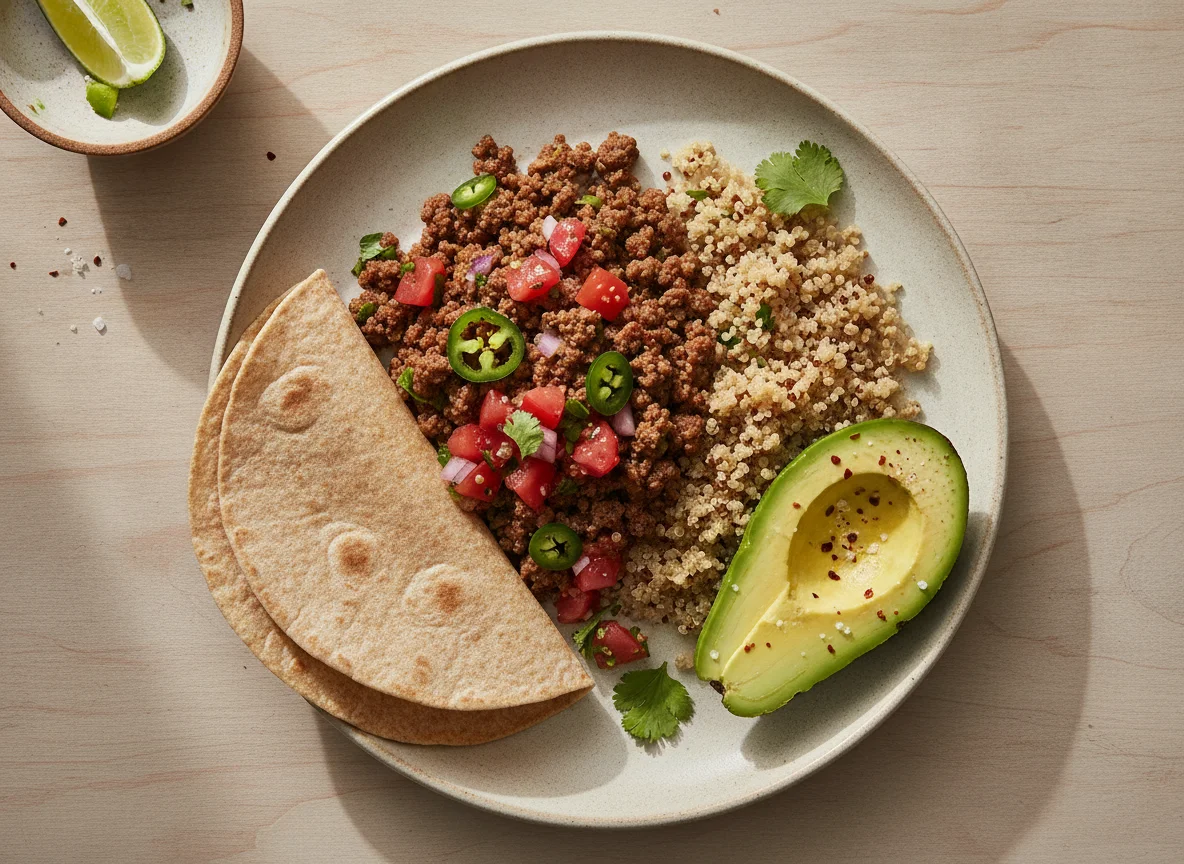 Carne molida con quinoa, tortilla y aguacate photo