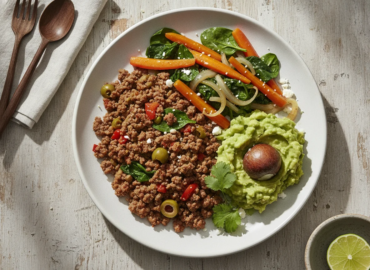 Carne molida con verduras salteadas y puré de palta photo