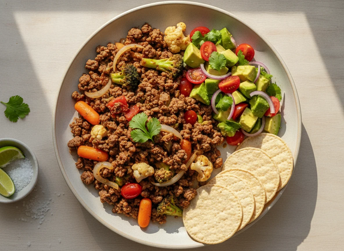 Carne molida con verduras y ensalada de aguacate photo