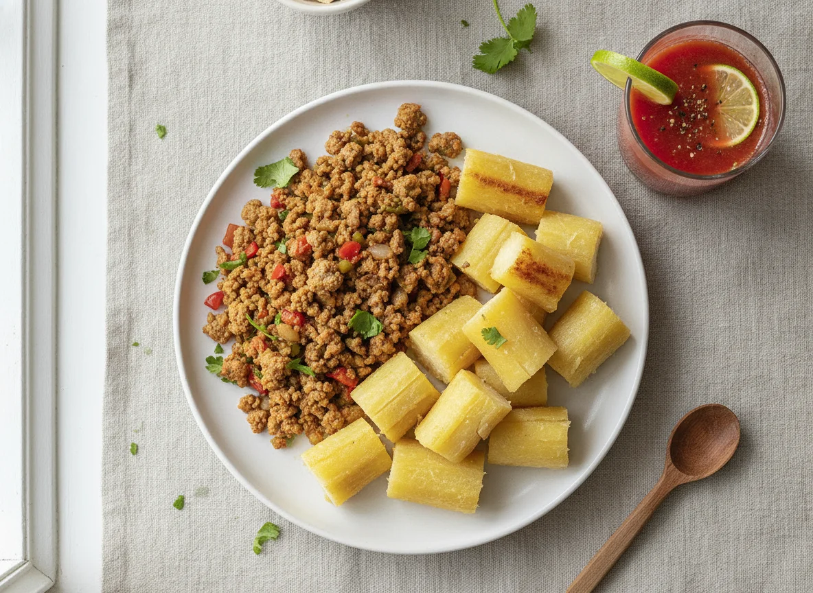 Carne molida con yuca y jugo photo