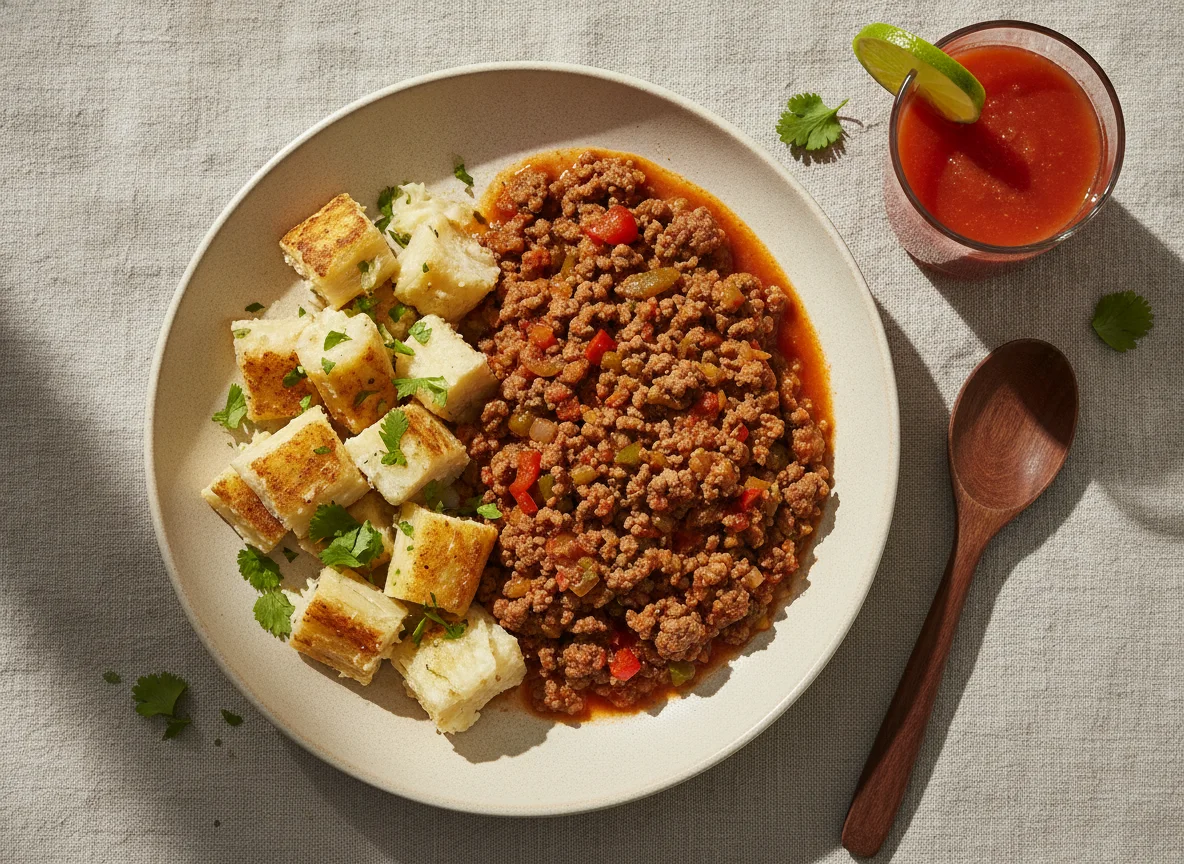 Carne molida con yuca y jugo de tomate photo