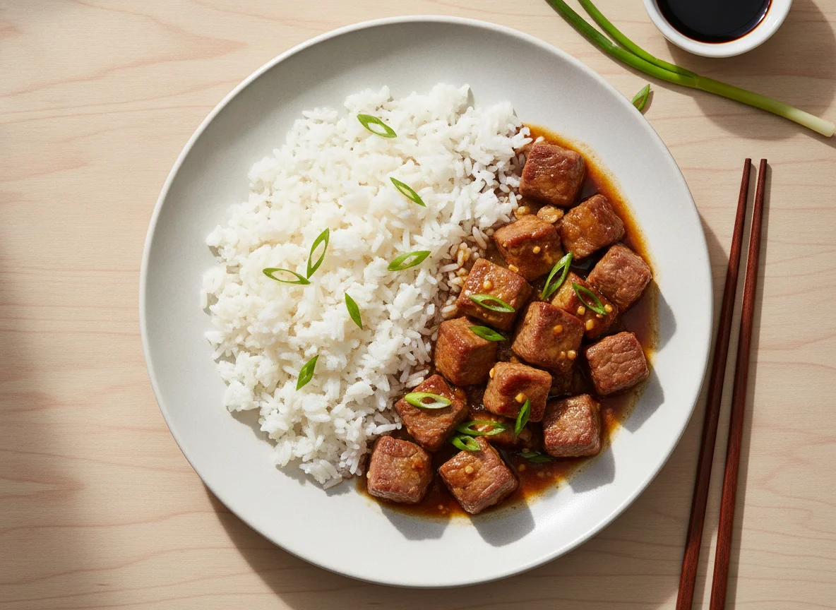 Carne mongoliana con arroz blanco photo