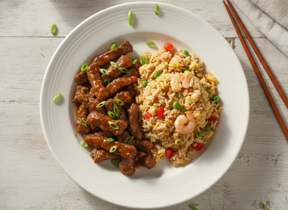 Carne mongoliana con arroz chaufán photo