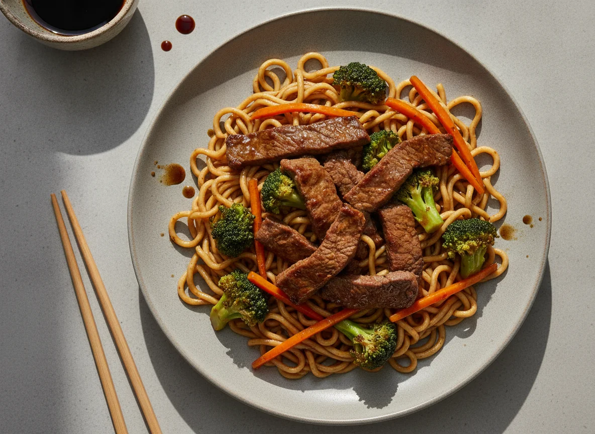 Carne mongoliana con fideos y verduras photo