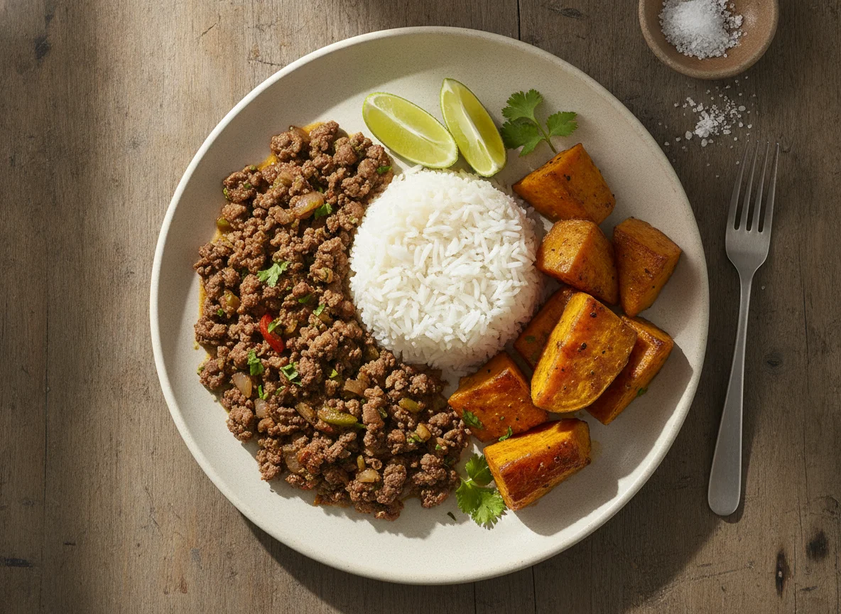 Carne picada con boniato y arroz photo