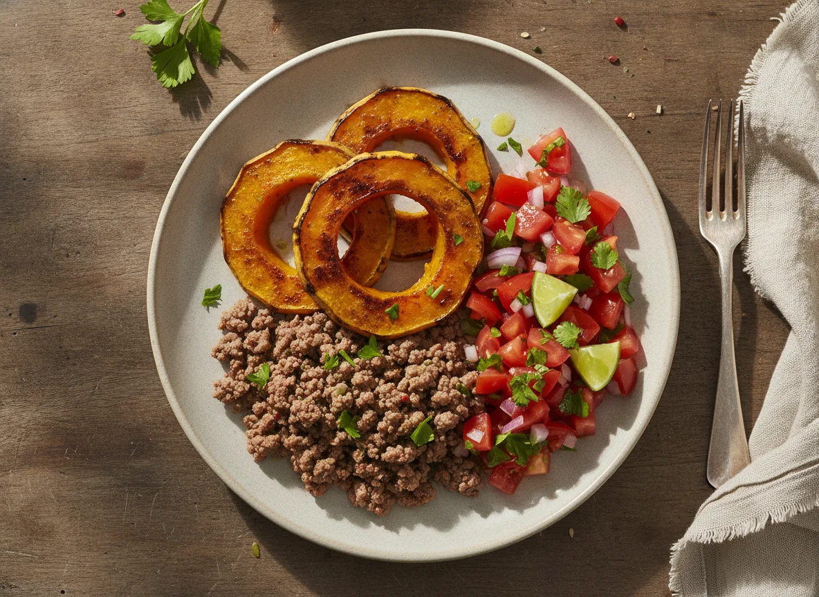 Carne picada con calabaza asada y tomate photo