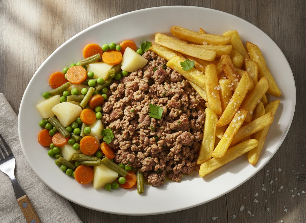 Carne picada con patatas fritas y menestra de verduras photo