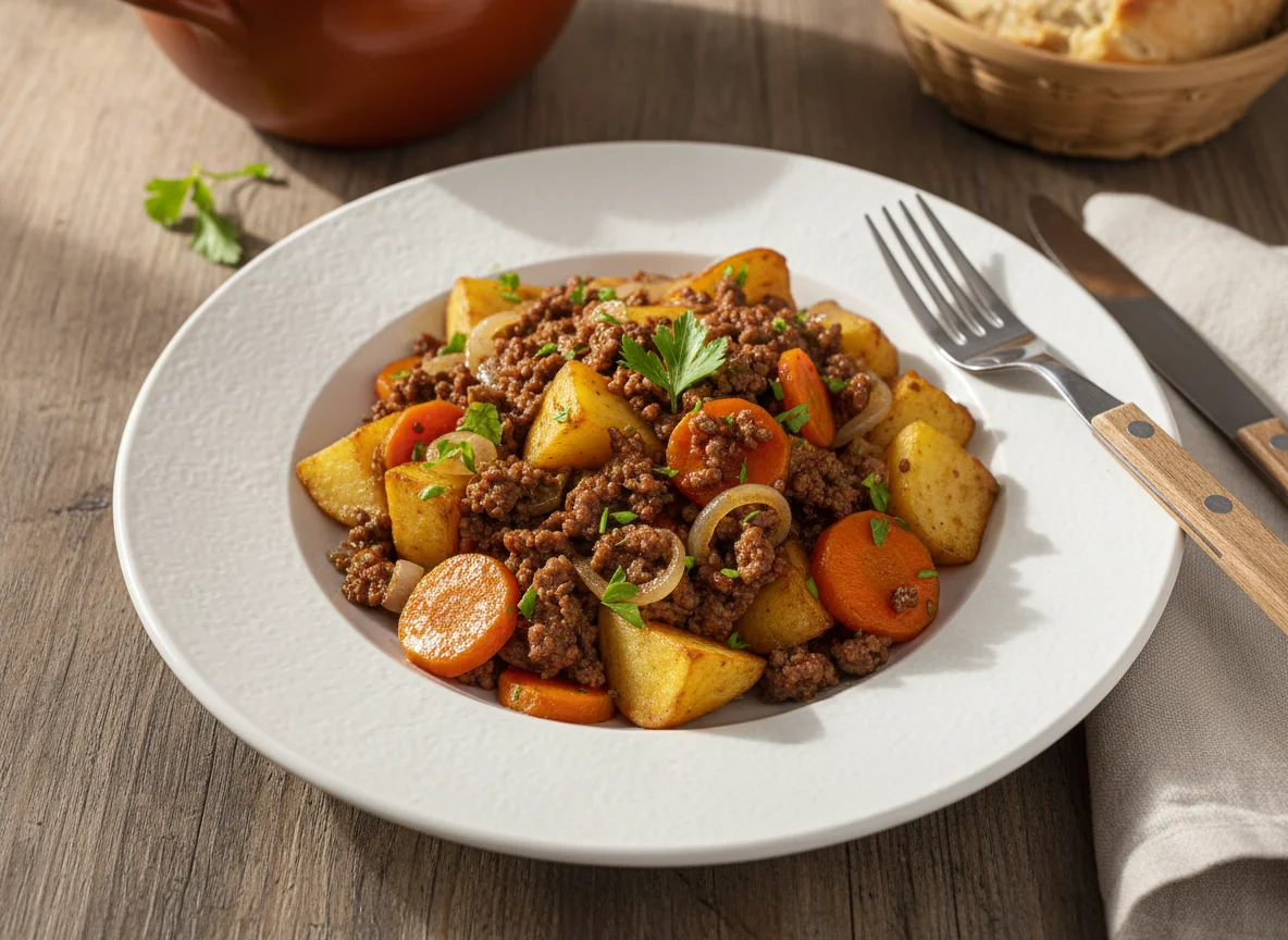 Carne picada con patatas y verduras photo