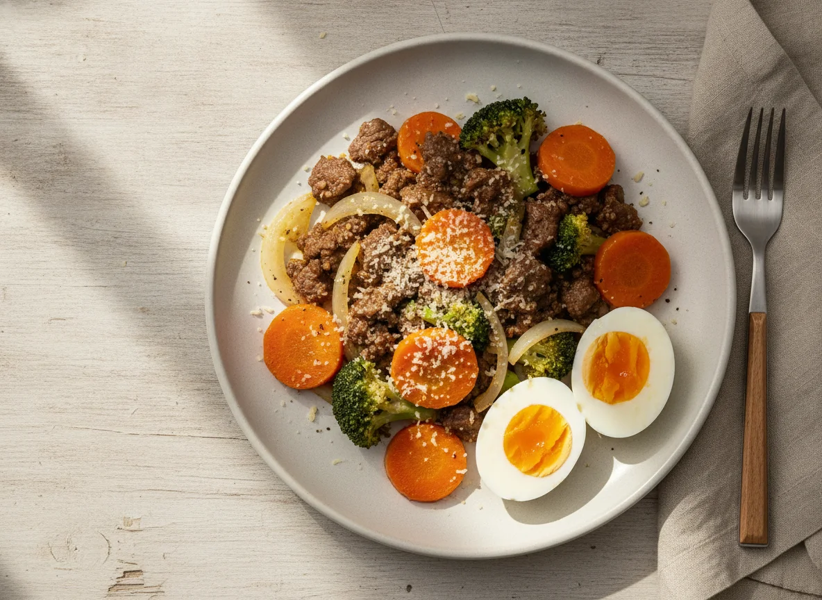 Carne picada con verduras al vapor y huevos cocidos photo