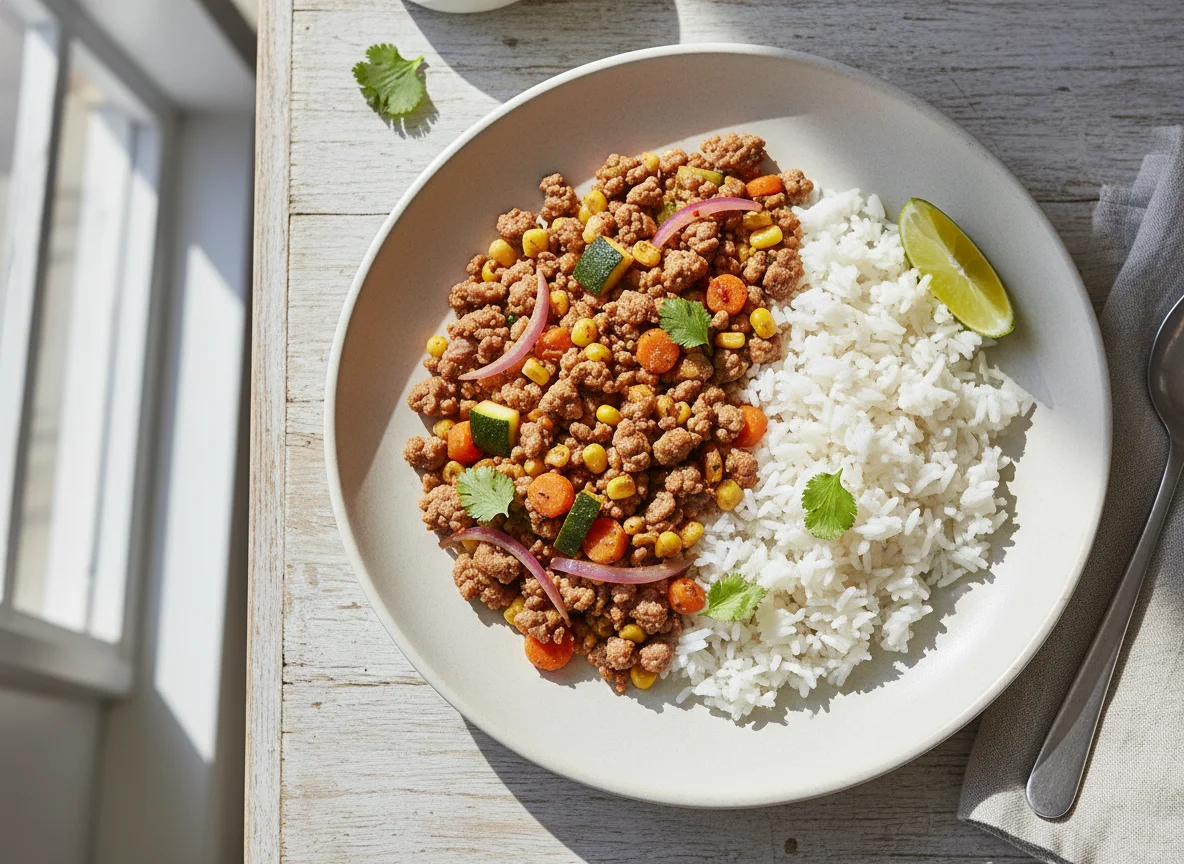 Carne picada con verduras y arroz photo