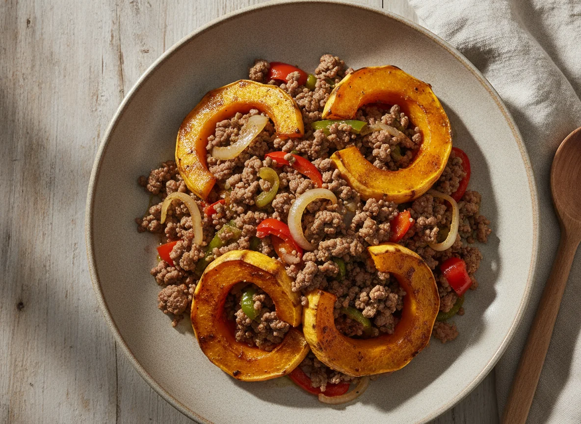 Carne picada con verduras y calabaza asada photo